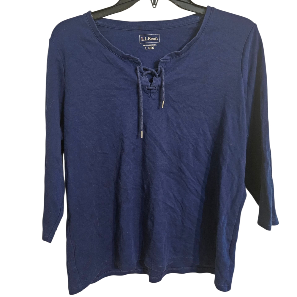 LL.Bean Women's Three-quarter-sleeve Laced V-neck shirt Sz L Navy 100% Cotton